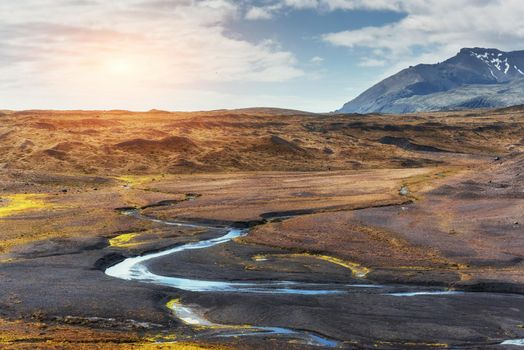 The beautiful landscape of mountains and rivers in Iceland
