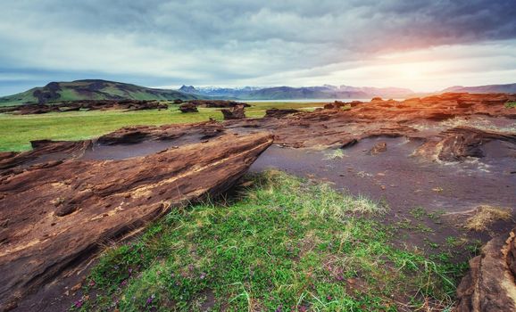 volcanic rocks in Iceland. Sunset. Beauty world