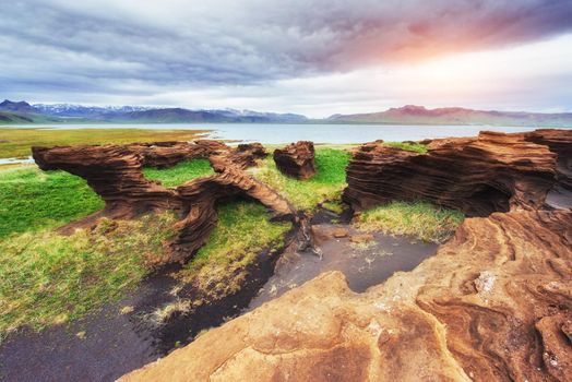 Texture of rocks melted by volcanic magma.