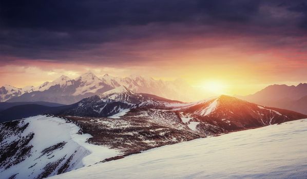 magical winter snow covered tree. Sunset in the Carpathians. Ukraine, Europe