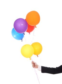 business hand with colorful balloons isolated on a white background