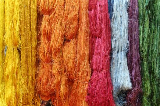 Colorful raw silk thread in the silk farm