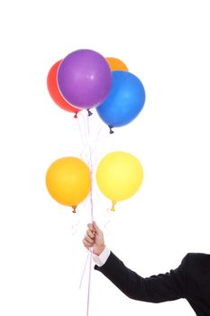 business hand with colorful balloons isolated on a white background