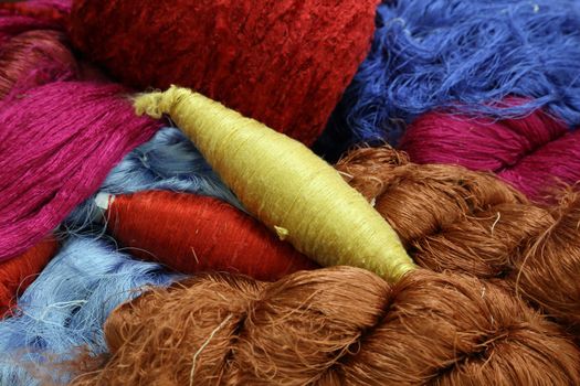 Colorful raw silk thread in the silk farm