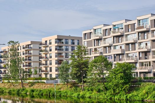 Housing development area at a small canal seen in Berlin, Germany