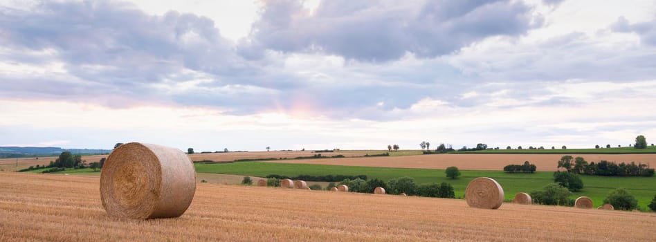 landscape with straw bales in french ardennes under cloudy sky during sunset in summer