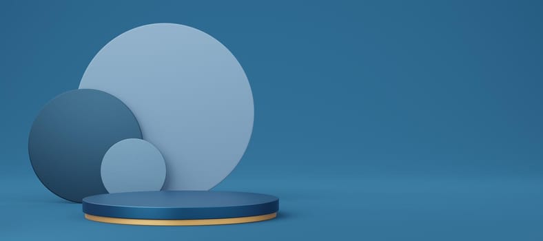 Empty blue cylinder podium with gold border and circle on copy space background. Abstract pastel minimal studio 3d geometric shape. Mockup space for display of product design. 3d rendering.