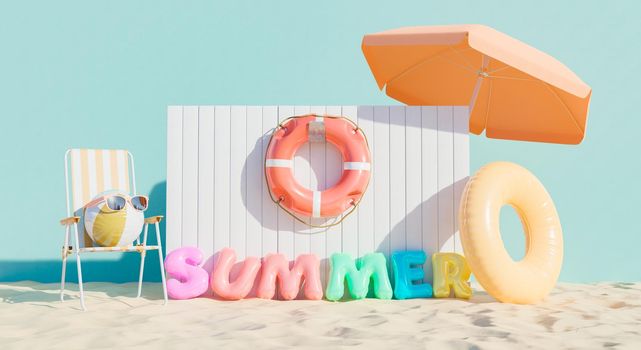 floats sign with the word SUMMER and beach accessories. summer vacation concept. 3d rendering