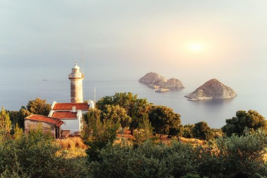 Lighthouse Gelidonya Peninsula in spring. Beautiful landscapes outdoors in Turkey and Asia. The landscape in the Mediterranean.