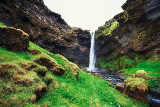 Fantastic landscape of mountains and waterfalls in Iceland.