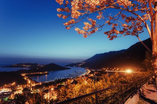 Beautiful scenery lamps and rocks along the coastal highway along the beautiful coastline at sunset.