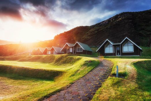 Buildings Age city at sunset in Iceland.
