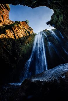 Extreme beautiful waterfall Gljufrafoss, hidden in a gorge in Iceland.