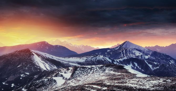 magical winter snow covered tree. Sunset in the Carpathians. Ukraine, Europe