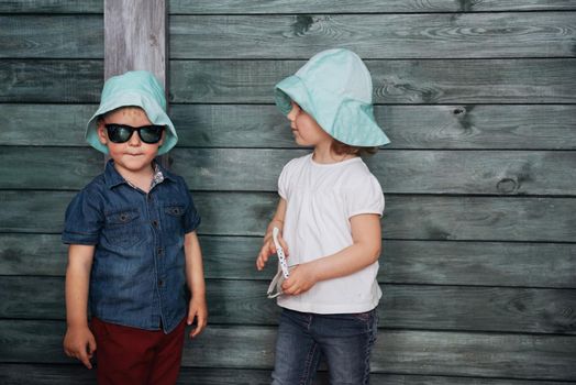 Happy young children siblings. Beautiful exhibition. Ukraine Europe