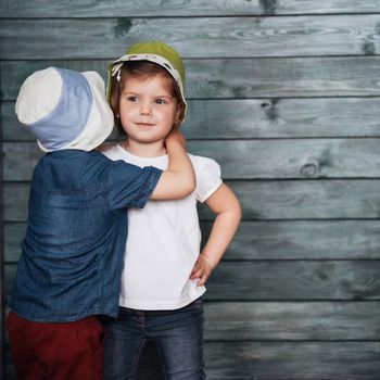 Happy young children siblings. Beautiful exhibition. Ukraine Europe