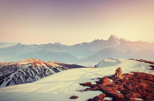 Mysterious winter landscape majestic mountains in winter. Magical winter snow covered tree. Europe