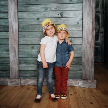 Happy young children siblings. Beautiful exhibition. Ukraine Europe