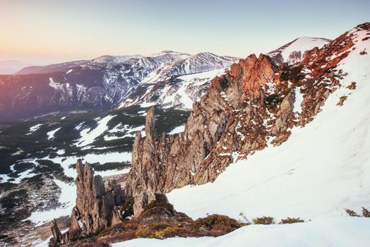 Colorful spring landscape of mountain ranges in the Carpathians national park. Ukraine, Europe.