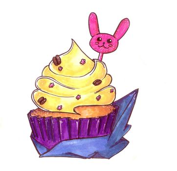 Cupcake with yellow cream in a purple package with a decor in the form of a rabbit. Drawn by hand, alcohol markers