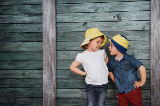 Happy young children siblings. Beautiful exhibition. Ukraine Europe