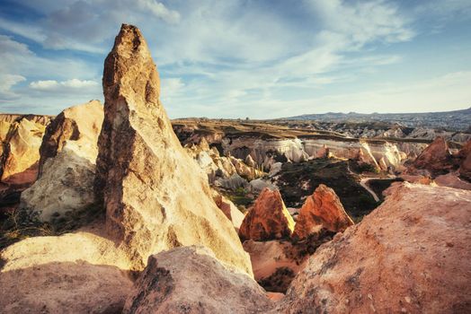 TUnique geological formations in valley in Cappadocia.