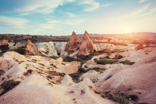 TUnique geological formations in valley in Cappadocia.