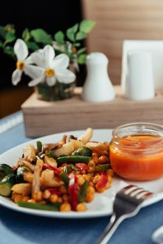 steamed vegetables a mushrooms and sauce. Advertising shooting menu