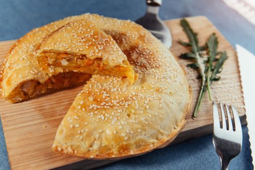 Pie with meat, homemade cakes. Advertising shooting menu