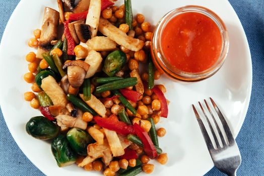 steamed vegetables a mushrooms and sauce. Advertising shooting menu