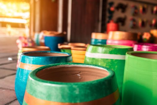 Colorful clay pots outside a craft store in La Paz Centro Nicaragua. Concept of tourist cities and magical towns of Latin America, Central America and South America.