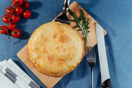 Pie with meat, homemade cakes. Advertising shooting menu