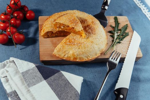 Pie with meat, homemade cakes. Advertising shooting menu