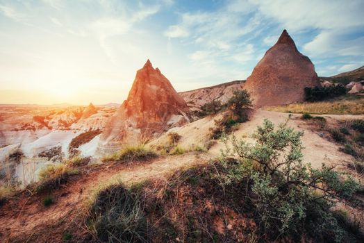 TUnique geological formations in valley in Cappadocia.