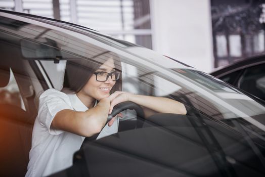 portrait of young beautiful woman sitting in the car.