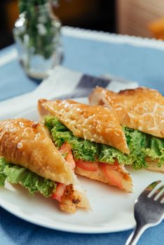 Healthy sandwich cut into pieces to show tasty ingredients salami, tomatoes, lettuce.