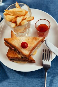 Grilled cheese sandwich and fries. Advertising shooting menu