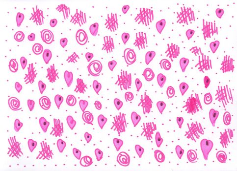 Cute doodle style hearts pattern. Valentine's Day handwritten background. Marker drawn different heart shapes and silhouettes. Hand drawn ornament.