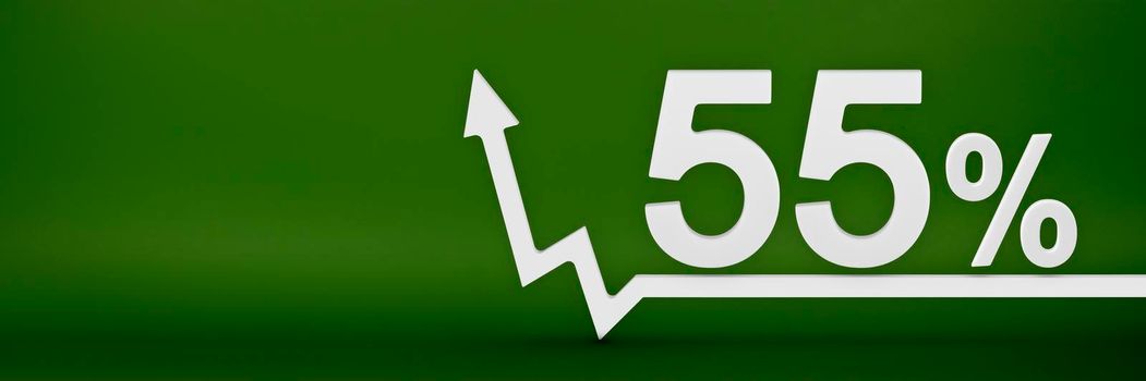 55 percent. The arrow on the graph points up. Rising prices, inflation, increase in income, increase in interest rates, taxes. 3d banner, fifty five percent sign discount on a green background