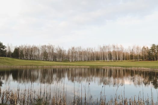 Beautiful colorful summer or spring natural landscape with a lake surrounded by green field and trees in sunlight. Real photo