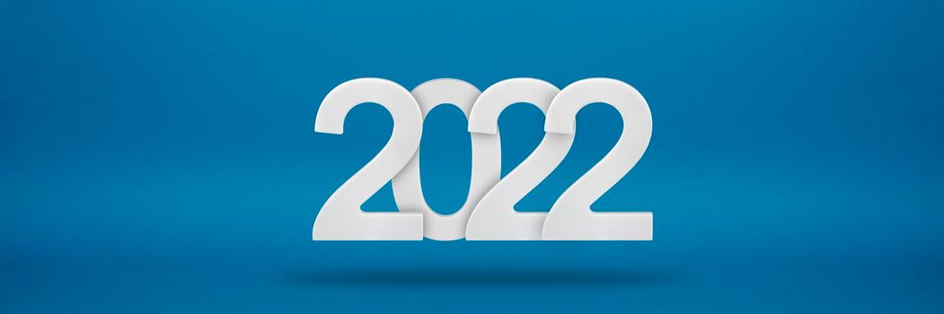 Happy New Year 2022 greeting template. Festive 3d banner with white numbers 2022 on a, blue background. Festive poster or banner design. Happy new year modern background.