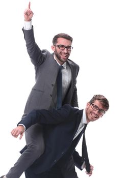 happy businessman carrying his colleague on the piggyback . isolated on white background