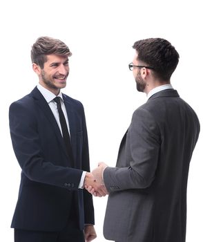 in full growth. two young businessmen discussing something. isolated on white background