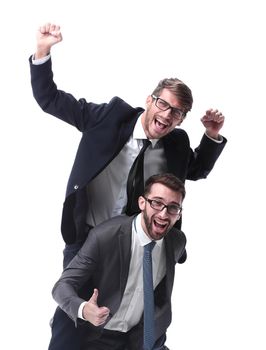 smiling businessman sitting on the back of his colleague . isolated on white background.