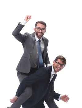 happy businessman carrying his colleague on the piggyback . isolated on white background