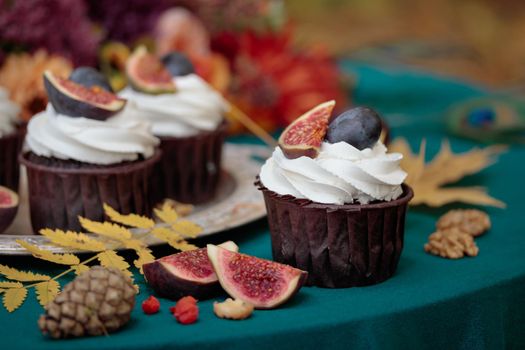 Autumn sweet dessert decorated on a table in the park