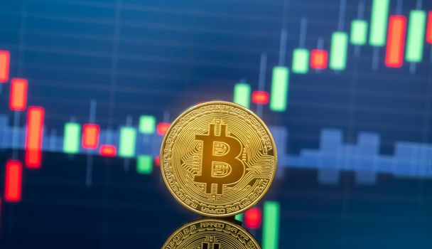 Bitcoin and cryptocurrency investing concept - Physical metal Bitcoin coins with global trading exchange market price chart in the background.