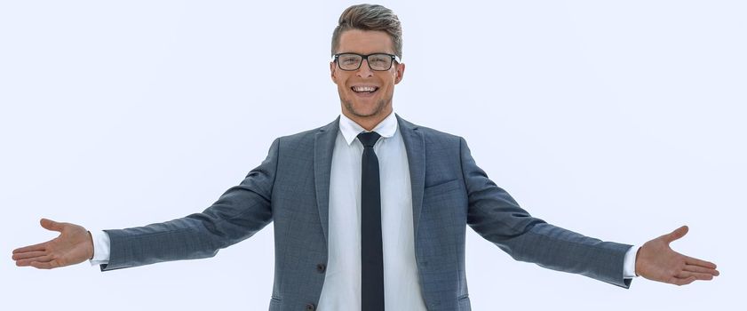 happy man with his hands raised up isolated