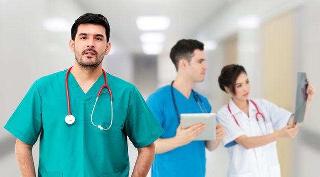 Healthcare people group. Professional doctor working in hospital office or clinic with other doctors, nurse and surgeon. Medical technology research institute and doctor staff service concept.