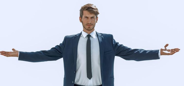 happy man with his hands raised up isolated